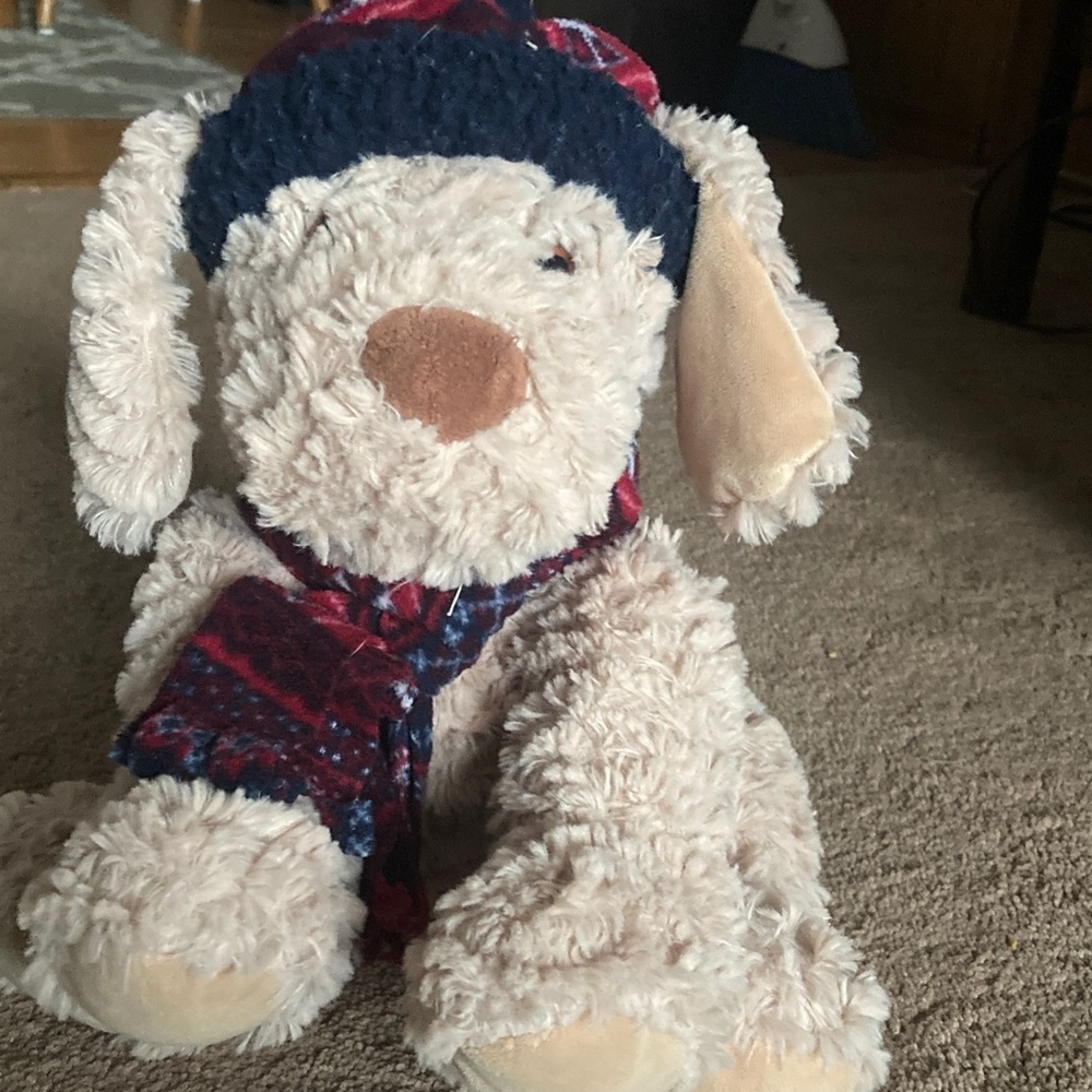 Plush Beige Puppy Stuffed Animal with Navy Hat and Red Scarf